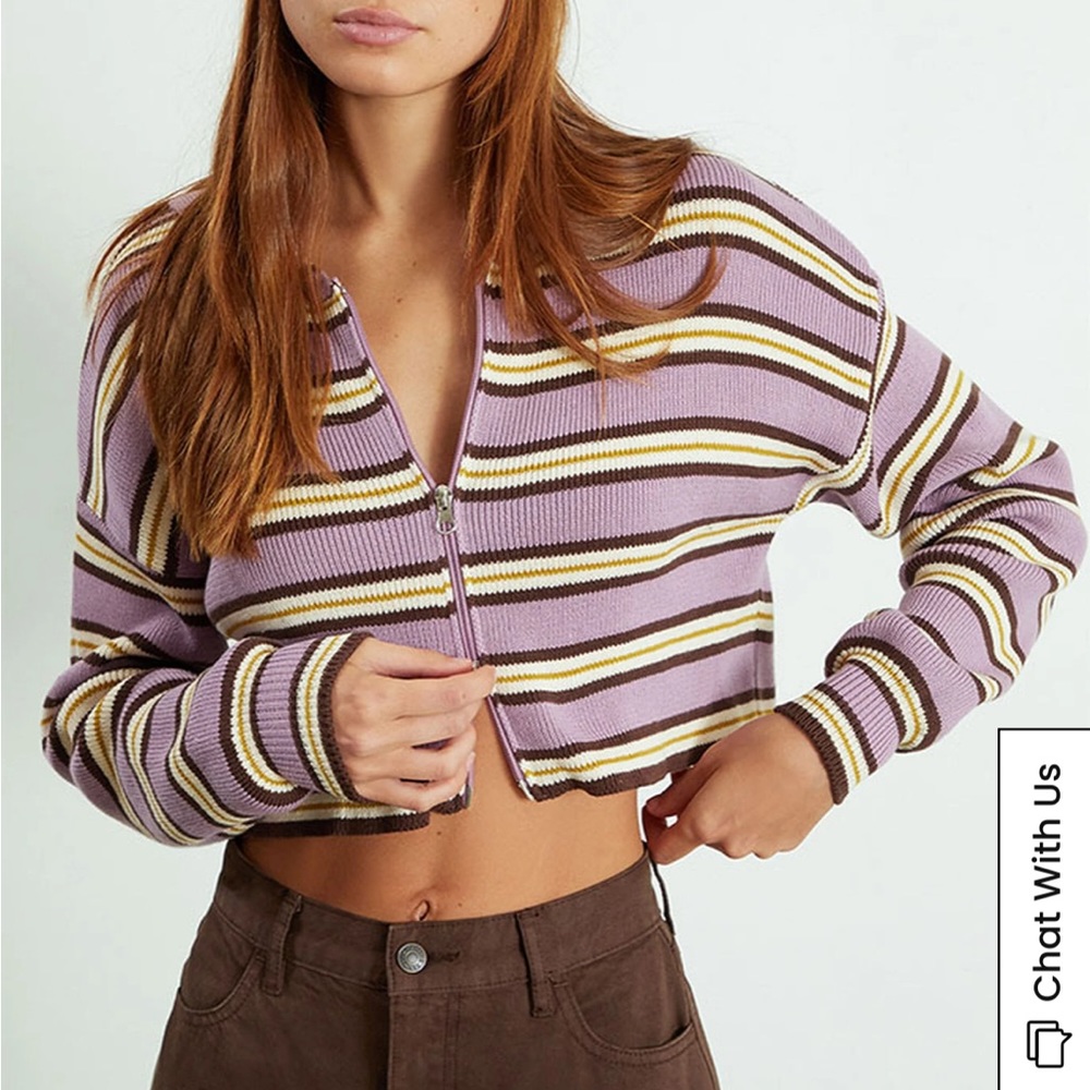 Purple and Brown Pacsun cropped sweater, has two zippers.